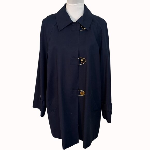Jones New York Swing Trench Pea Coat Size L Stretch Retro Style Gold Tone Buckle - Picture 16 of 16